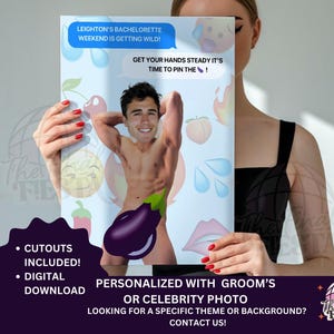 Pin the Eggplant Bachelorette Game| Pin the Junk in the Hunk |  Funny Bachelorette Party Game | Adult Party| Fun Hen Do Game | Groom&#39;s Face