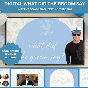 Könnte beinhalten: Ein digitales, druckbares Spiel für einen Hochzeitsempfang. Das Spiel heißt "What Did The Groom Say?" und hat ein blaues und weißes Muschelthema. Das Spiel beinhaltet eine Google Forms-Vorlage.