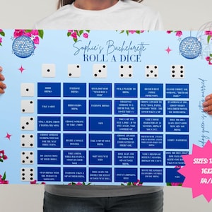 May include: A blue and pink bachelorette party game with a disco ball design. The game is called "Roll a Dice" and has a list of dares and drinking games for each number rolled on the dice. The game is available in sizes 18x24, 16x20, A4/A3.