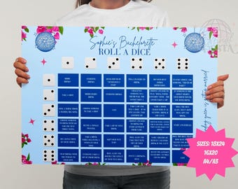 May include: A blue and pink bachelorette party game with a disco ball design. The game is called "Roll a Dice" and has a list of dares and drinking games for each number rolled on the dice. The game is available in sizes 18x24, 16x20, A4/A3.