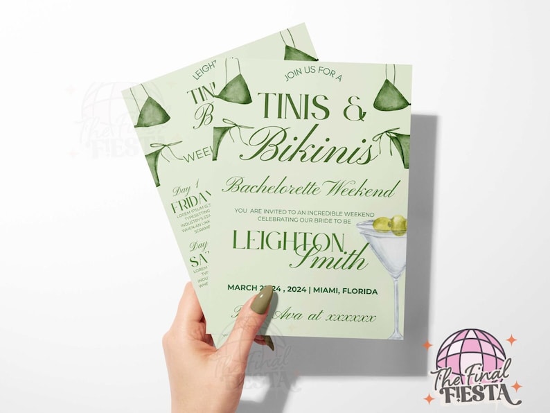 martinis and bikinis bachelorette party invite and itinerary