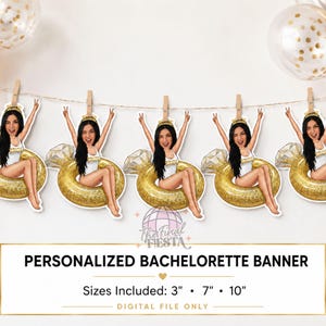 May include: A personalized bachelorette banner featuring five identical cutouts of a person with long dark hair wearing a white swimsuit and a gold crown, sitting inside a large gold glittery diamond ring float, hanging from a string with gold balloons.