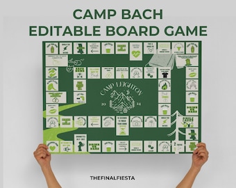 May include: A green and white board game with the title "Camp Bach Editable Board Game". The game board features a camping theme with a mountain range, trees, and a campfire. The game board is divided into squares with different instructions and challenges.