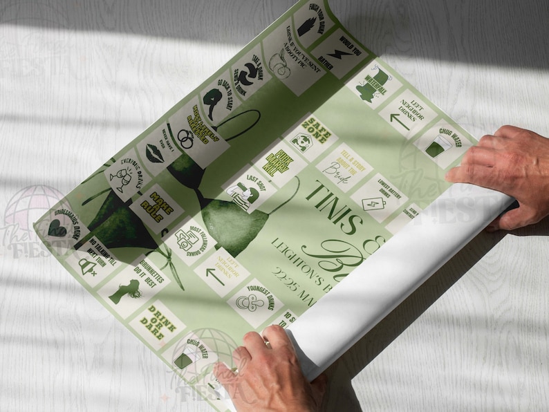 May include: A green and white game board with the text "Tinis & Bricks" and "Leighton's Birthday 22:25 MA". The board has a variety of squares with different instructions, such as "Drink or Dare", "Name a Rule", and "Most Interesting Story".
