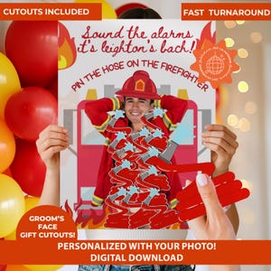 May include: A personalized digital download featuring a firefighter theme. The image includes a photo of a person in a firefighter uniform, with cutouts of hoses and the text "Sound the alarms, it's leighton's back!" and "Pin the hose on the firefighter."