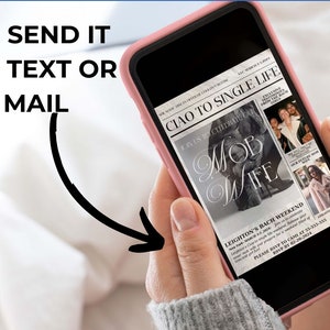 May include: A pink smartphone displaying a digital invitation for a bachelorette party. The invitation is styled like a newspaper headline and reads "Ciao to Single Life" with the subheading "For us to celebrate our MOB WIFE". The invitation includes details about the event, including the date, location, and RSVP information.