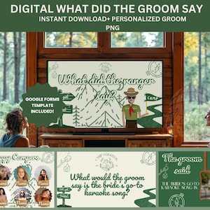 May include: Digital printable game for a wedding reception. The game is themed around a camping trip. The game asks guests to guess what the groom would say is the bride's go-to karaoke song. The game also includes a Google Forms template.