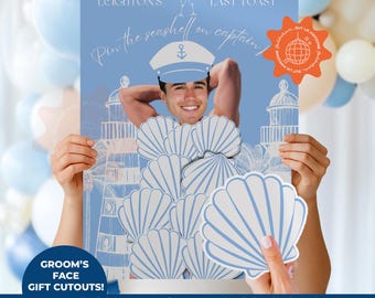May include: A light blue poster with the text "Pin the seashell on captain!" and a photo cutout. The poster includes seashell cutouts and the text "CUTOUTS INCLUDED", "FAST TURNAROUND", "GROOM'S FACE GIFT CUTOUTS!", and "PERSONALIZED WITH YOUR PHOTO! DIGITAL DOWNLOAD".