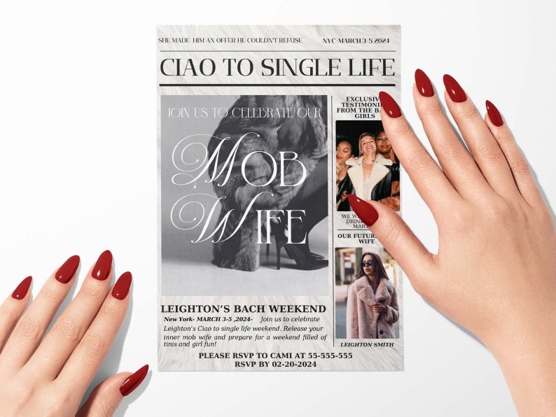 Mob Wife Bachelorette Party |Bachelorette Invitation Itinerary Editable Template Mobile| Mob Wife Aesthetic | Old Money Bach| Vintage Hen Do image 2
