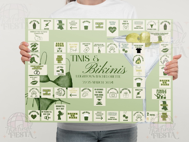 May include: Green and white bachelorette party game board with the text "Tinnis & Bikinis" and "Leighton's Bachelorette 22-25 March 2024". The board has a grid of squares with different drinking game prompts.