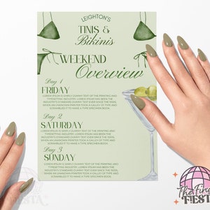 May include: A green and white invitation for a weekend event called "Tinis & Bikinis Weekend Overview". The invitation features a martini glass with olives, a green watercolor bikini, and the text "Day 1 Friday", "Day 2 Saturday", and "Day 3 Sunday".