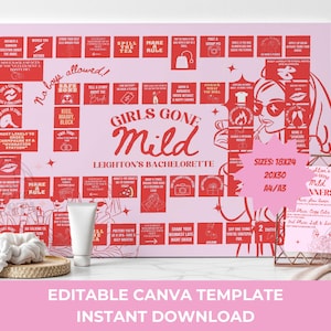 May include: A pink and red printable bachelorette party game board with the text "Girls Gone Mild" and "Leighton's Bachelorette". The board is filled with squares containing various activities and challenges. The board is surrounded by a white background.