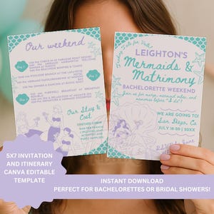 May include: Two turquoise and white printable invitations for a bachelorette weekend. The text on the invitations reads "Leighton's Mermaids & Matrimony Bachelorette Weekend" and "Our Weekend".