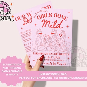 Op de afbeelding: Roze en rode printbare vrijgezellenfeestuitnodiging met de tekst "Our W Det Girls Gone Mild" en "Leighton's Bachelorette June 6-8 2025 Beach Resort, Miami, FL to emily by May 15".