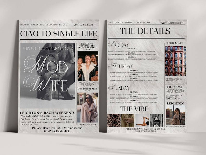 May include: A newspaper-style invitation for a bachelorette party in New York City. The headline reads "Ciao to Single Life" and features a photo of a woman in a black dress and heels. The invitation includes details about the weekend, including the date, location, and activities. The text "Mob Wife" is featured in large, bold letters.