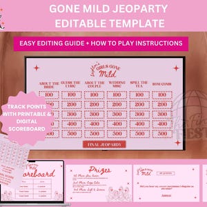 Op de afbeelding: Een roze en rood printbaar spelbord voor een "Gone Mild" Jeopardy-spel. Het bord heeft categorieën zoals "Over de bruid", "Raad de tekst", "Over het paar", "Huwelijks-diversen", "Vertel alles" en "Rom-Coms". Het bord heeft een finale Jeopardy-categorie. Het spelbord is omgeven door een roze en witte rand. De afbeelding bevat ook een digitaal scorebord en een prijslijst.