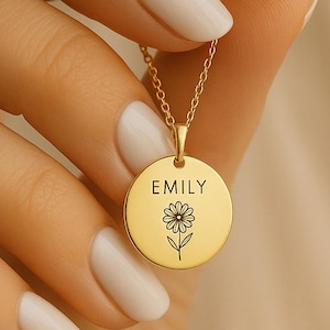 Personalized necklace, engraved first name, birth flower, gold, silver, rose gold, gift for women, gift for mom, gift for godmother, Mother&#39;s Day