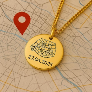 Collier localisation personnalisé, bijou souvenir adresse gravée, collier plan ville, bijou lieu spécial, cadeau romantique voyage amour