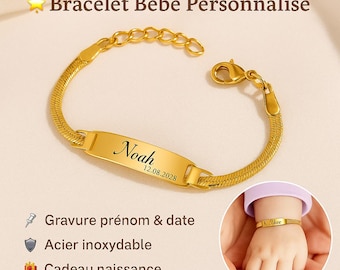 Pulsera de bebé personalizada, nombre y fecha grabados, joyería de nacimiento de acero inoxidable, regalo de bautizo, recuerdo infantil, hecha a mano