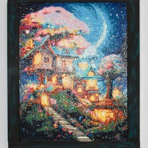 Tree House diamond painting Whimsical Nature-inspired Decor Gift. Sparkling Tree House home decoration with a beautiful night sky.