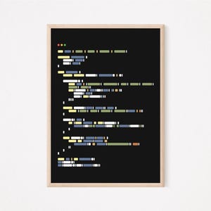 Könnte beinhalten: Ein gerahmter Kunstdruck mit schwarzem Hintergrund und einem farbenfrohen, abstrakten, codeartigen Design. Das Design zeigt gelbe, weiße, grüne und blaue Elemente, die an Codezeilen erinnern. Der Rahmen ist hellbraun.