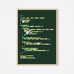 May include: A framed print with a dark green backdrop, displaying a pattern of colourful, abstract code-like elements in green, yellow, and white. The minimalist design resembles lines of code, and is set within a light brown wooden frame.