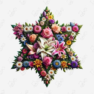 May include: A colorful floral arrangement in the shape of a six-pointed star, featuring a variety of flowers including lilies, roses, daisies, and wildflowers.
