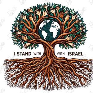 Può includere: Un albero stilizzato con mani tese che raggiungono un globo al centro. L'albero ha radici marroni e un tronco spesso. Il testo "I STAND WITH ISRAEL" è scritto sotto l'albero.
