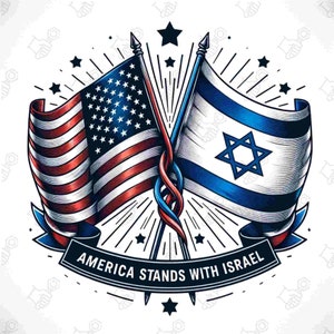 May include: A graphic illustration of the American and Israeli flags crossed with a banner reading "America Stands With Israel". The flags are drawn in a vintage style with a starburst effect behind them.