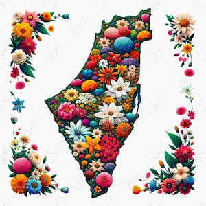 Tapiz Floral de Apoyo - Israel Mapa Arte Digital - PNG SVG - Azul y blanco - Apoyo - Orgullo - Apoyar a Israel - Nunca más