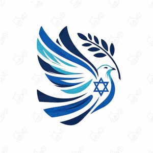 Könnte beinhalten: Eine blaue Taube mit ausgebreiteten Flügeln, die einen Olivenzweig im Schnabel hält. Die Taube hat einen Davidstern auf ihrer Brust.