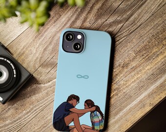May include: A light blue phone case featuring an illustration of two people. One person is touching the other's face. The case also has an infinity symbol and a dual-lens camera.