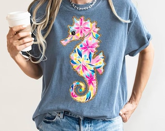 Seahorse Floral Comfort Colors Tshirt, Preppy Trending Summer Tee, Unisex Garment-Dyed Shirt