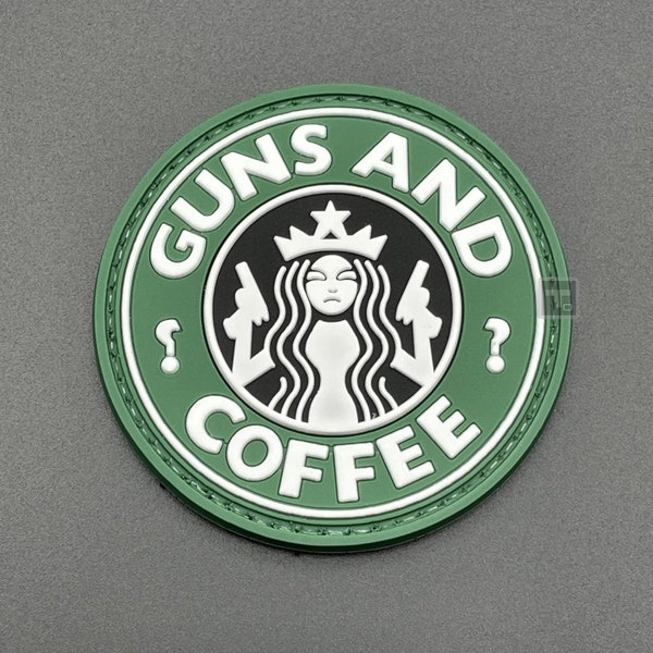 Guns and Coffee Morale Patch - Hook-Lined, PVC Rubber - Military Tactical Army Airsoft Patch for Rucksack Backpack Cap