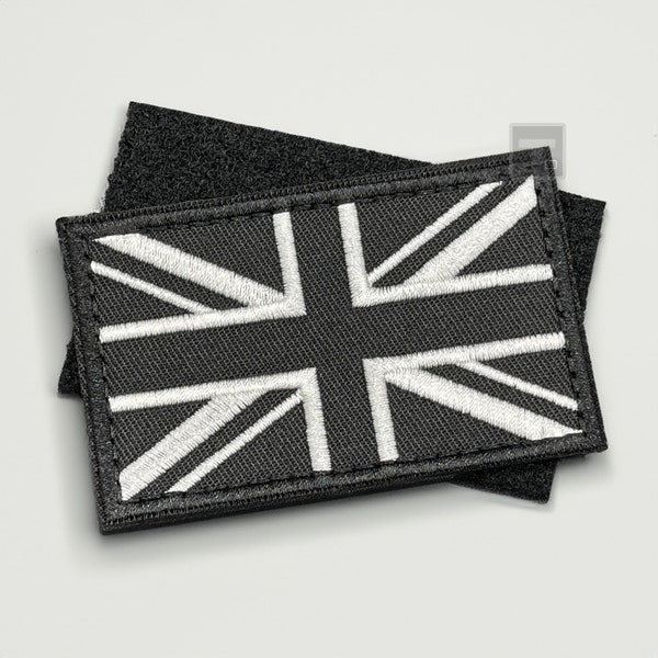 Black Union Jack Patch - Hook-Lined, Fabric - White Military Tactical Army Airsoft Badge for Rucksack Backpack Cap UBACS Uniform
