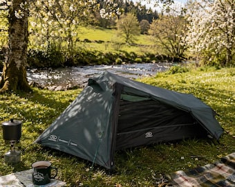 One-Person Wild Camping Tent - Waterproof, Lightweight & Compact Backpacking Tents - Blackthorn 1 Gen2  by Highlander - Scarab Green or Camo