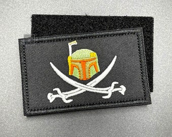 Boba Fett Pirate Patch - Hook & Loop, Fabric - Skull and Crossed Swords - Cosplay Morale Military Tactical Airsoft - Backpack Rucksack Cap