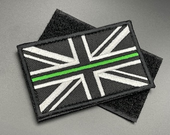 Thin Green Line Union Jack Patch - Black Hook-Lined, Fabric - Emergency Service Response Ambulance Paramedic Tactical Badge for Cap Uniform