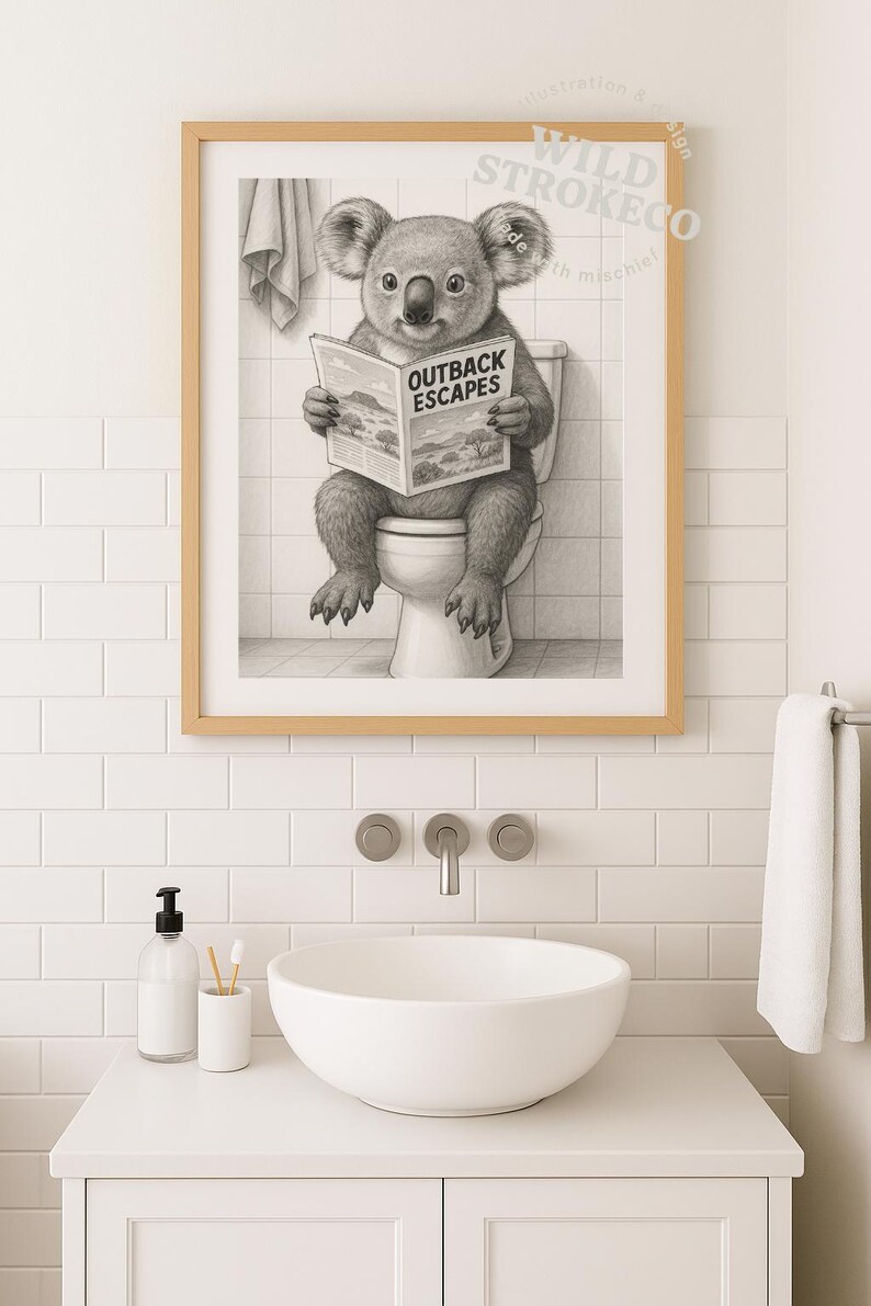 Koala on Toilet Bathroom Wall Art – Funny Outback Printable, Retro ...