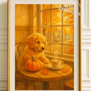 秋のカフェ風犬ウォールアート（印刷可能） - 心地よい秋のゴールデンレトリバーのデコレーション、パンプキンコーヒーショップのイラスト、犬好きの方のためのデジタルダウンロード