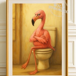 Lustiger Flamingo Badezimmer Wand Kunst druckbare - wunderliche Vogel auf Toilette, Retro Tier Humor Dekor, schrullige digitaler Download für die Gästetoilette