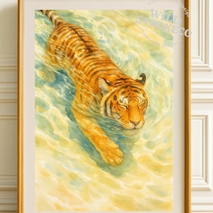 Tiger Swimming Wall Art Printable – Peaceful Jungle Animal Decor, Watercolor Wildlife Poster, Serene Nature Digital Download For Home