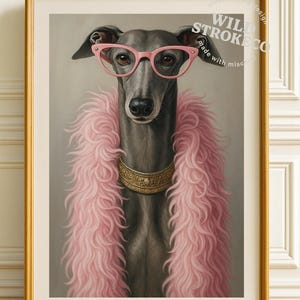 魅力的なグレイハウンドのウォールアート（印刷可能） - 気まぐれな犬の肖像画、面白いペットファッションデコレーション、バスルームやギャラリーの壁用のレトロなデジタルダウンロード