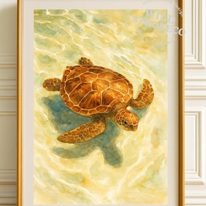 Sea Turtle Wall Art Printable – Serene Coastal Animal Decor, Peaceful Ocean Nature Print, Watercolor Digital Download For Home or Bathroom