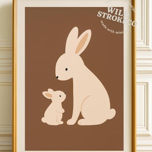 Afdrukbare muurkunst Bunny Love – minimalistische kinderkamer konijn decor, ouder- en babydierenprint, zachte neutrale digitale download voor kinderkamer