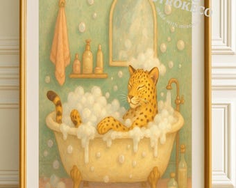 Leoparden Bad Kunstdruck - Lustiges Tier Badezimmer Dekor, Wildkatze Wand Kunst, Klauenfuß Badewanne Digital Download, Spa Poster, Dschungel Geschenk