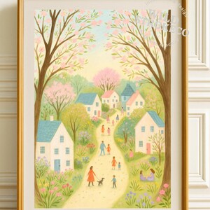 春の村のウォールアート印刷可能 – 気まぐれな田舎の風景、パステルカラーの近所のイラスト、魅力的なデジタルダウンロード