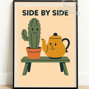 Cactus And Teapot Friendship Wall Art Printable – Cute Retro Kitchen Decor, Whimsical Funny Companion Print, Digital Download Gift Idea