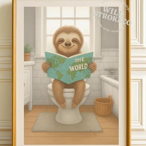 トイレのナマケモノのウォールアート（印刷可能） – 面白いバスルーム動物装飾、気まぐれなトイレのユーモアプリント、子供と大人向けのデジタルダウンロード