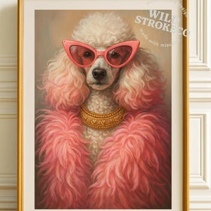 おしゃれなプードルのウォールアート（印刷可能） – 華やかな犬の肖像画、気まぐれなピンクの装飾、バスルーム、クローゼット、化粧台用のレトロなデジタルダウンロード
